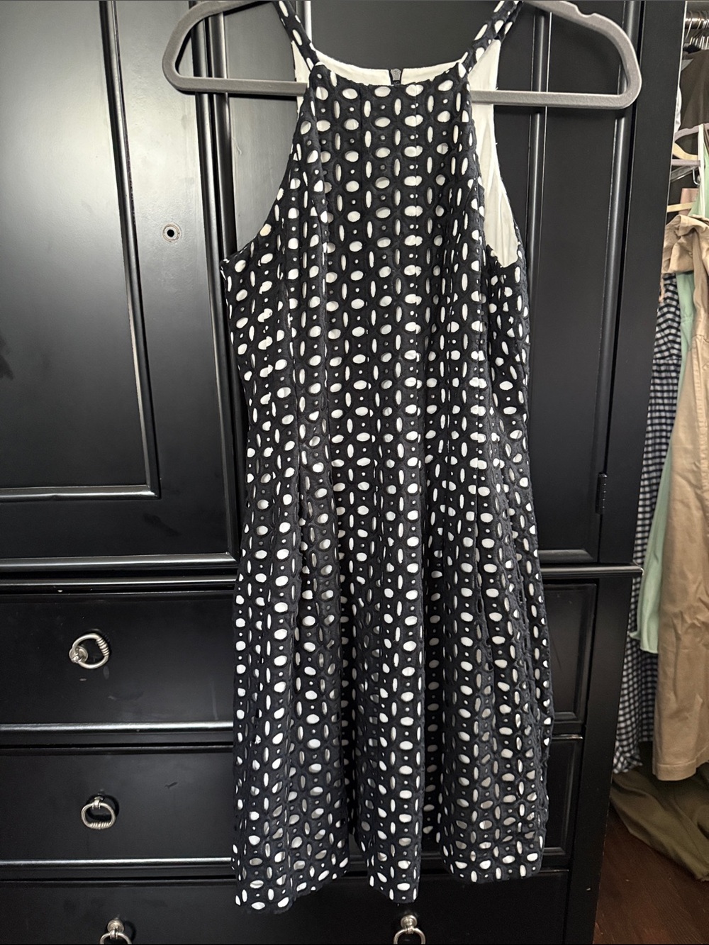 Vince Camuto Black and White Eyelet Circle A-line dress